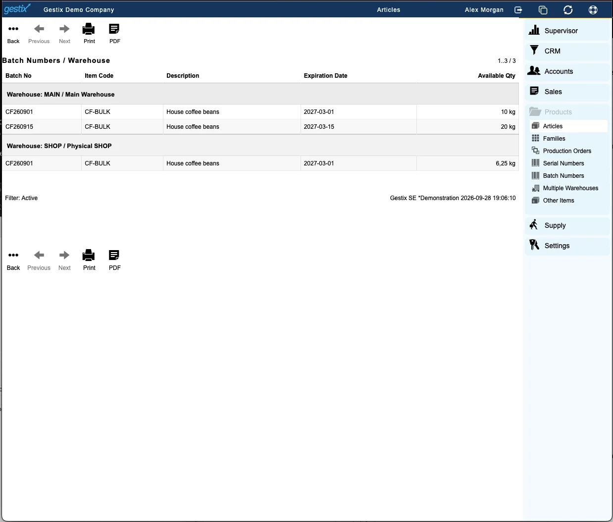 Gestix batch inventory by warehouse showing CF260901 in MAIN and SHOP, and CF260915 in MAIN.