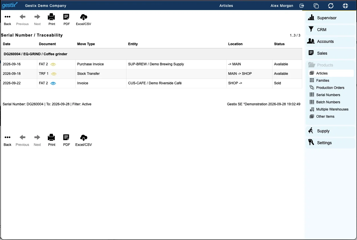 Gestix traceability for serial DG260004 showing purchase, transfer from MAIN to SHOP, customer sale and Sold status.