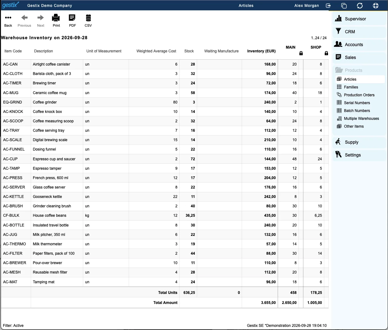 Gestix Warehouse Inventory showing article quantities, units, weighted average cost, inventory value and stock by warehouse.