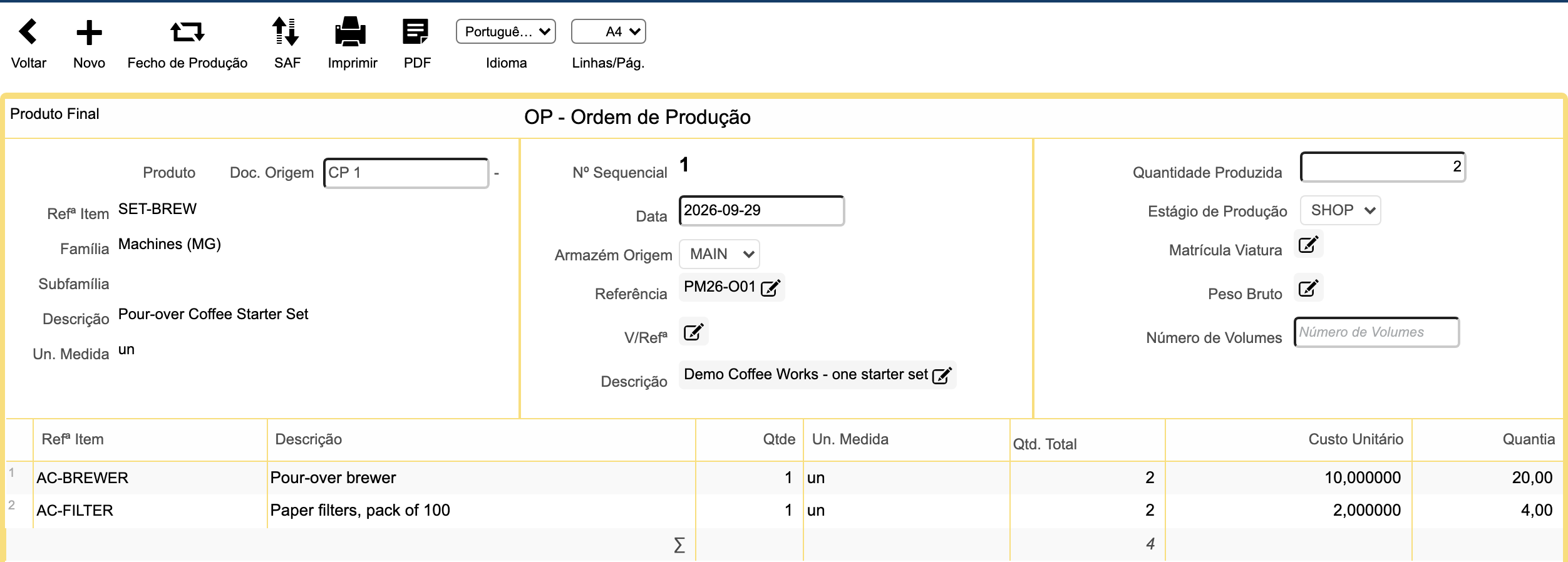 Ordem de Produção no Gestix de dois conjuntos para preparar café, com dois coadores e duas embalagens de filtros.