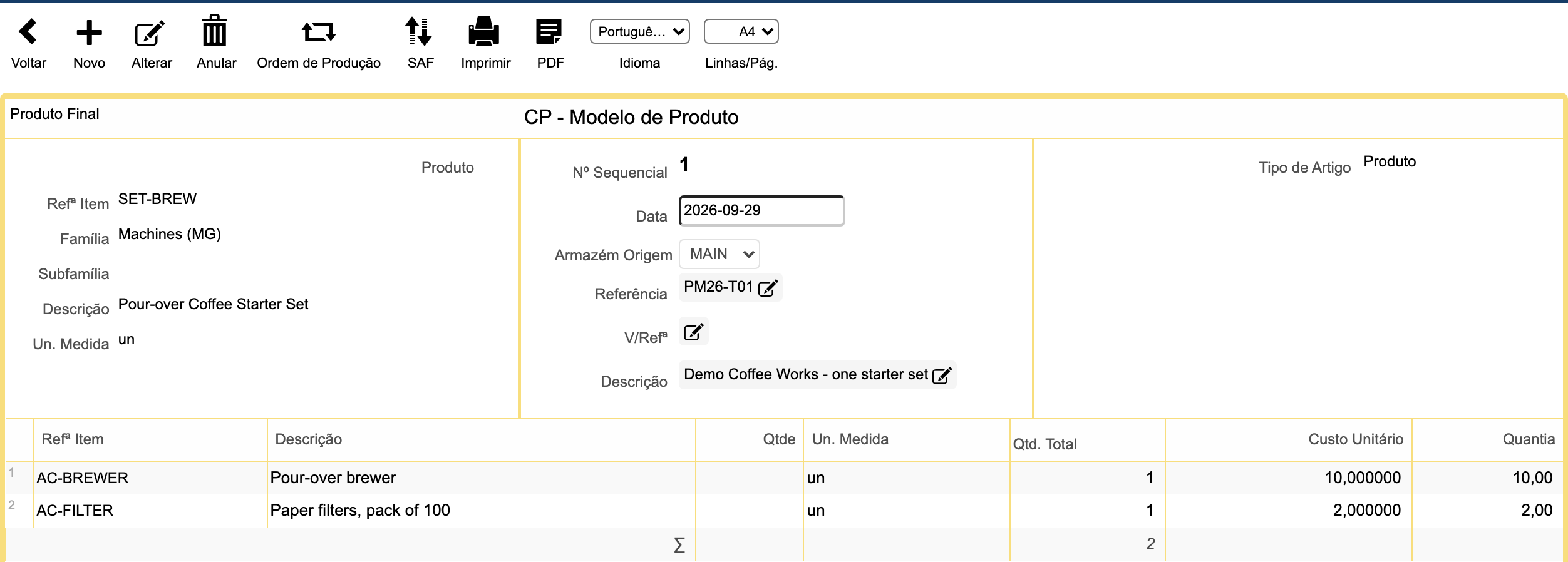 Modelo de Produto no Gestix para um conjunto para preparar café com um coador e uma embalagem de filtros de papel.